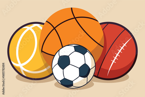 Different types of sports balls arranged together on a neutral background