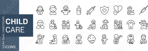 Child care icons collection, baby health symbols, parenting design, family protection graphics, newborn care illustration, pediatric safety, childcare support vector set