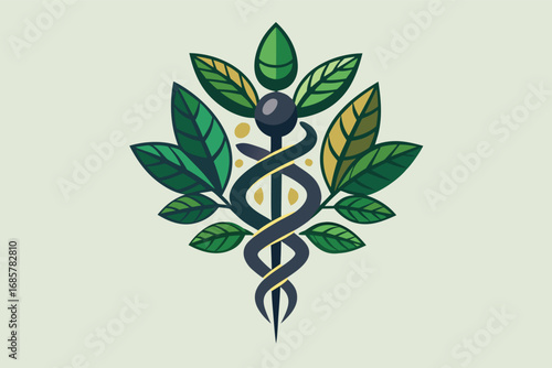 Iconic design featuring a figure entwined with leaves and a traditional medical symbol for health