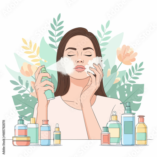 A young woman with closed eyes sprays a refreshing face mist onto her skin, surrounded by a collection of beauty products and lush green leaves.