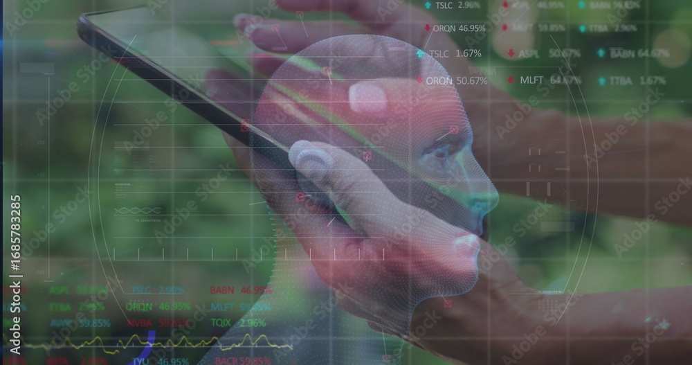 Fototapeta premium Holding smartphone in woman's hands showing AR head model in garden, with UI overlays