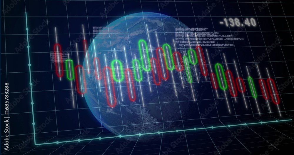 Fototapeta premium Displaying rotating Earth globe on dark grid, with candlestick bars and floating numeric label