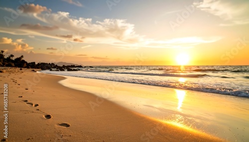 Wallpaper Mural Golden hour on a beach, gentle waves, footprints, sun setting over the water Torontodigital.ca