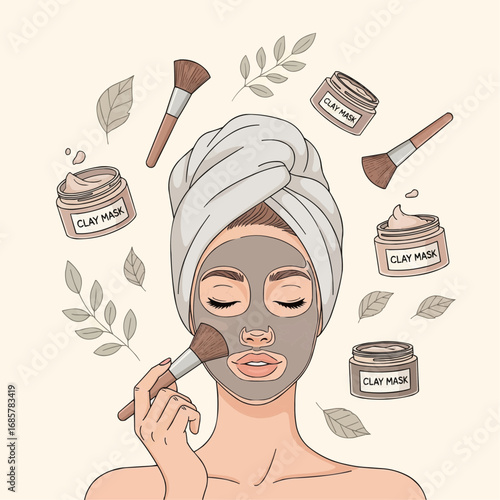 A woman with a towel on her head applies a clay mask to her face with a brush, surrounded by jars of clay mask and leaves.