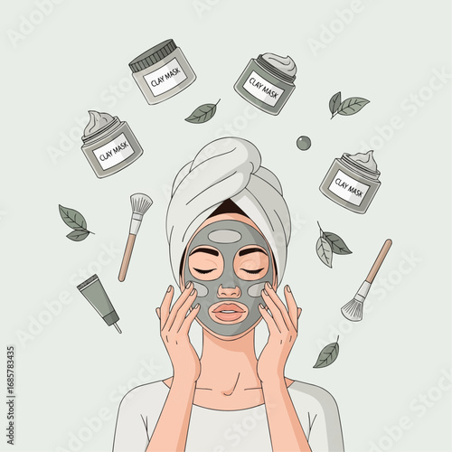 Woman applying a clay face mask with various skincare products and leaves floating around her, illustrating a beauty routine.