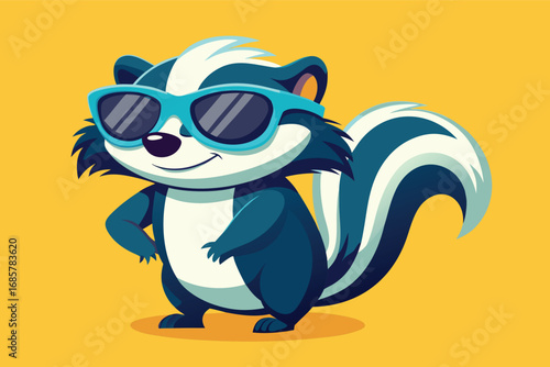 Cool skunk character wearing sunglasses poses against a bright yellow background