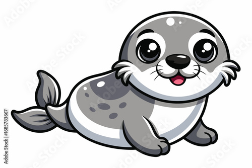 Cute cartoon seal smiling happily while lounging on the beach by the ocean