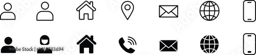 Contact icons, user profile icons, home icons, location icons, phone icons, email icons, globe icons, mobile device communication icons