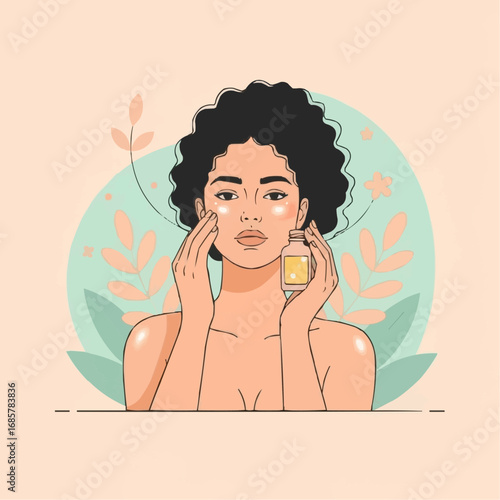 Illustration of a woman with curly hair applying face serum for a healthy skincare routine.