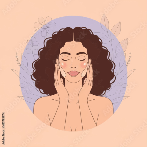 Illustration of a woman with closed eyes applying cream to her face, skincare concept.