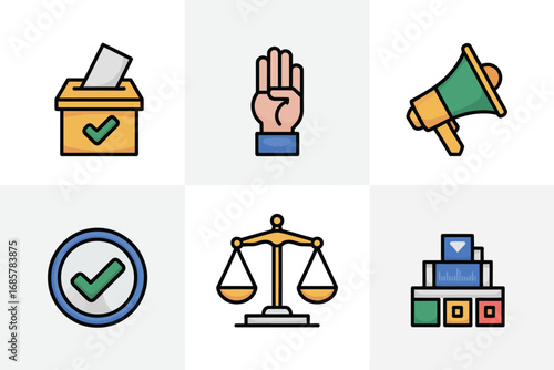Voting hand megaphone check scales data election campaign justice analysis