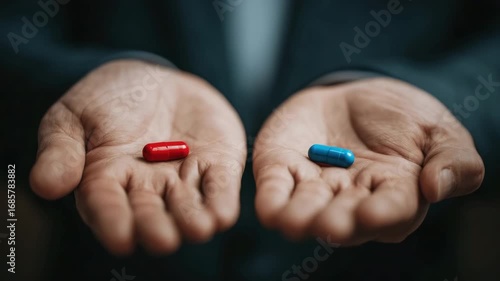 Two open hands present choice between red blue pills. Decision-making, contrast. Symbolic concept of make choice, philosophy, critical thinking. Metaphor of knowing truth, illusory ignorance of world.
