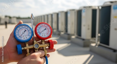 Technician holding a manifold gauge set for air conditioning system check
