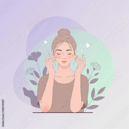 Woman applying face cream, illustration with gentle pastel colors and floral elements.