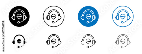 Support service headset icons set in black and blue colors on white background