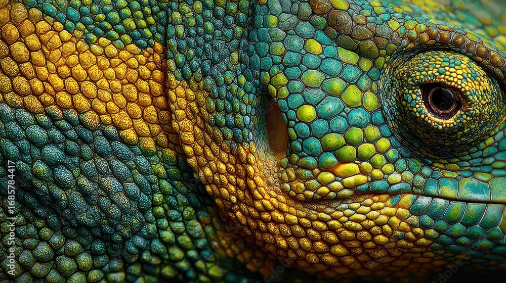 Fototapeta premium Colorful close-up of a lizard showcasing vibrant scales in a natural habitat during daylight