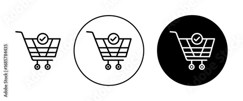 Shopping cart and check mark icons set in black and blue colors on white background