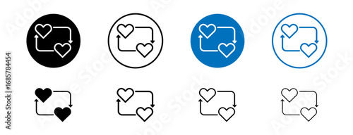 Sharing love icons set in black and blue colors on white background
