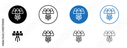 Reduce labor costs icons set in black and blue colors on white background