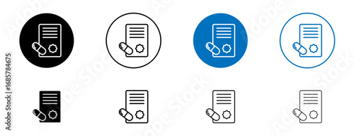 Prescription and capsule icons set in black and blue colors on white background