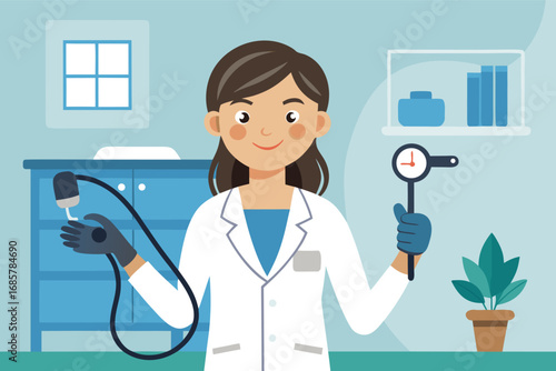Healthcare professional conducting a check-up with medical tools in a clinic setting