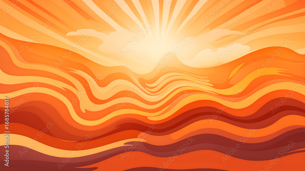 Fototapeta premium Vibrant abstract landscape illustration featuring flowing waves of orange and yellow hues with a radiant sun illuminating the scene, creating a warm and inviting atmosphere