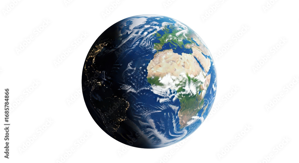 Fototapeta premium Isolated view of Earth with illuminated continents, space and atmosphere, globe planet