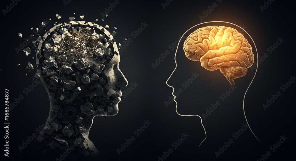 Obraz premium Brilliant mind illuminated with ideas contrasts chaotic thoughts in a powerful conceptual representation