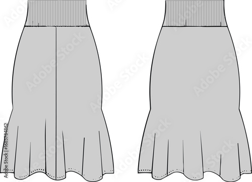 Pleated skirt with ribbed waistband, front and back view, women's fashion flat sketch, midi length, flared hem, casual and elegant apparel vector
