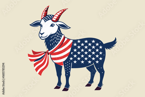 Goat dressed in patriotic colors with a bow tie and stylized stars and stripes pattern
