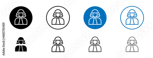 Judge icons set in black and blue colors on white background