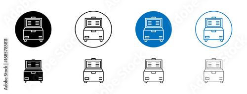 Horizontal shop refrigerator icons set in black and blue colors on white background