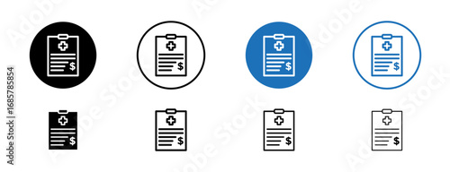 Hospital bill icons set in black and blue colors on white background