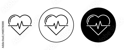 Heart rate pulse icons set in black and blue colors on white background