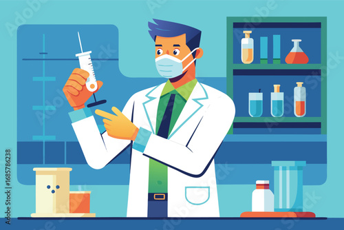 Scientist preparing a syringe in a laboratory setting with various equipment