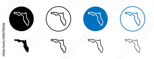 Florida map icons set in black and blue colors on white background
