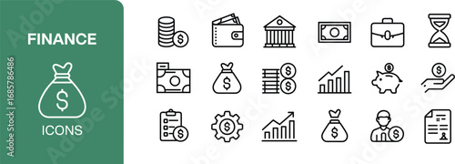 Finance icons, money outline, banking symbols, investment vector, wallet, piggy bank, cash flow, business chart, profit growth, economy, editable stroke