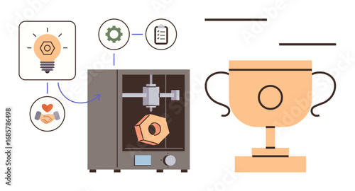 3D printer crafting a hexagonal object beside icons for idea development, teamwork, and documentation, ending with a trophy. Ideal for innovation, teamwork, goal setting, creativity, achievement