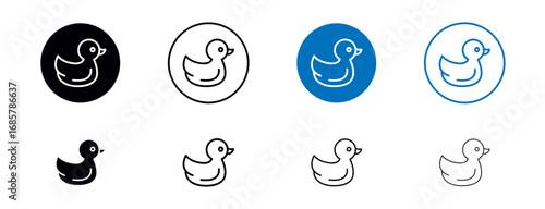 Duck toy icons set in black and blue colors on white background