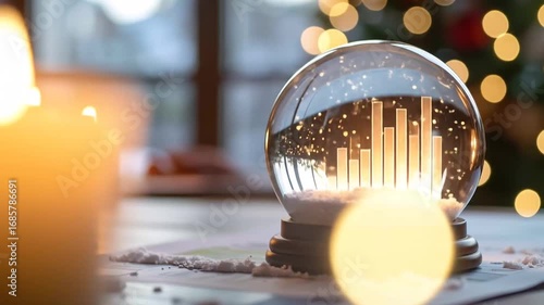 Christmas Business Forecast: Snow Globe with Glowing Graph and Candles