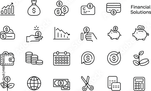 Financial icons set, money investment symbols, banking savings design, piggy bank wallet calculator coins, business finance growth economy vector illustration