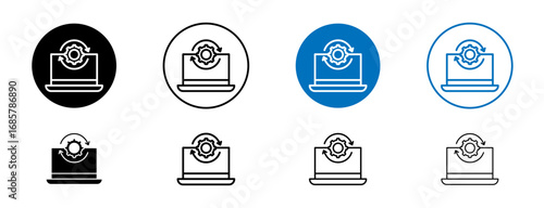 Data processing icons set in black and blue colors on white background
