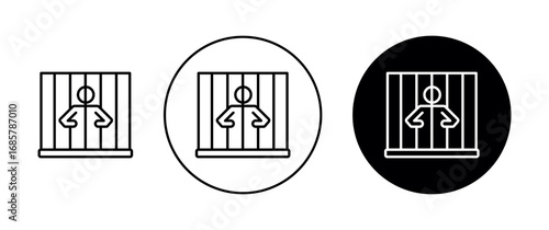Criminal behind bars icons set in black and blue colors on white background