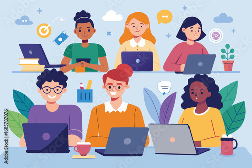 Group of diverse individuals collaborating with laptops in a lively workspace setting