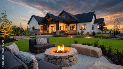 This image showcases a beautifully landscaped backyard with a modern farmhouse-style house. A stone fire pit is the centerpiece, surrounded by plush outdoor seating. Warm light.