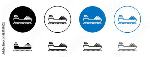Cargo ship icons set in black and blue colors on white background