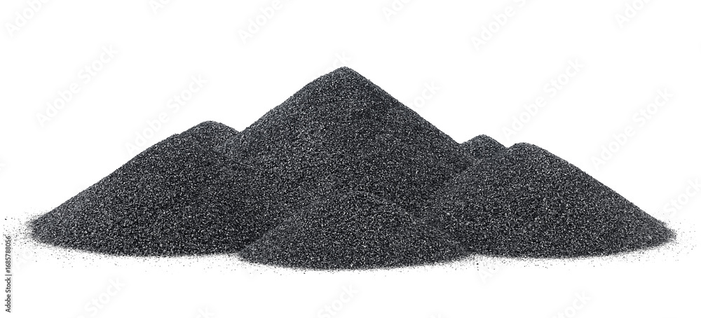 Fototapeta premium Pile of black quartz sand isolated on a white background. Crushed quartz is used in construction materials, water treatment and agriculture.
