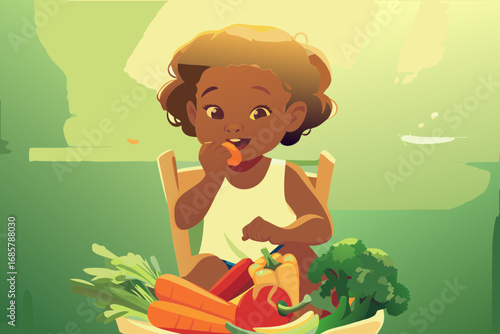 Little girl with tiny fingers eating colorful vegetables, gentle smile on face