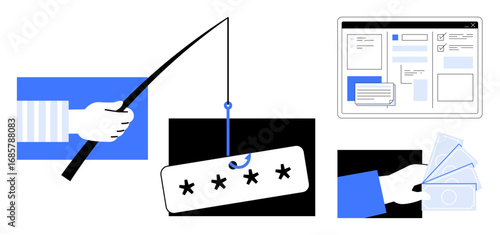 Fishing rod catching login credential, web page interface, and hand with stolen cards highlight cyber threats. Ideal for online security, awareness, fraud prevention, phishing, data protection, risk