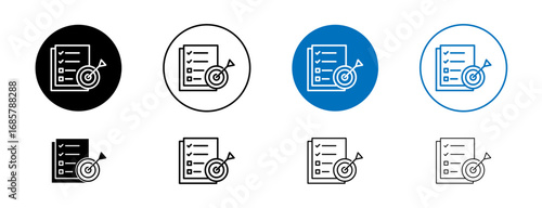 Accomplished goals and objectives icons set in black and blue colors on white background
